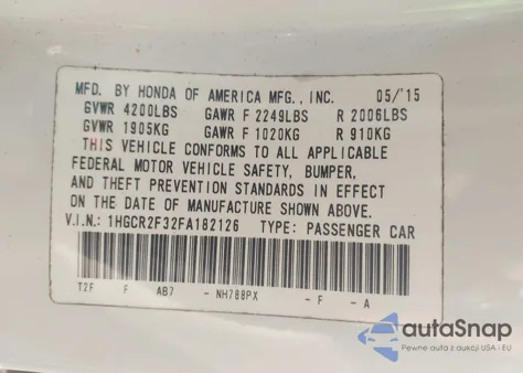 2015 Honda Accord Lx z USA, uszkodzony, nr VIN 1HGCR2F32FA182126